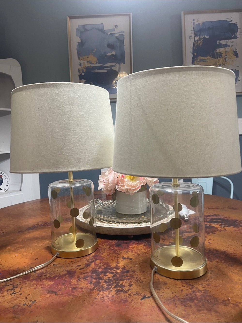 Kate Spade Clear Glass Table Lamp with Gold Polka Dots - White Shade